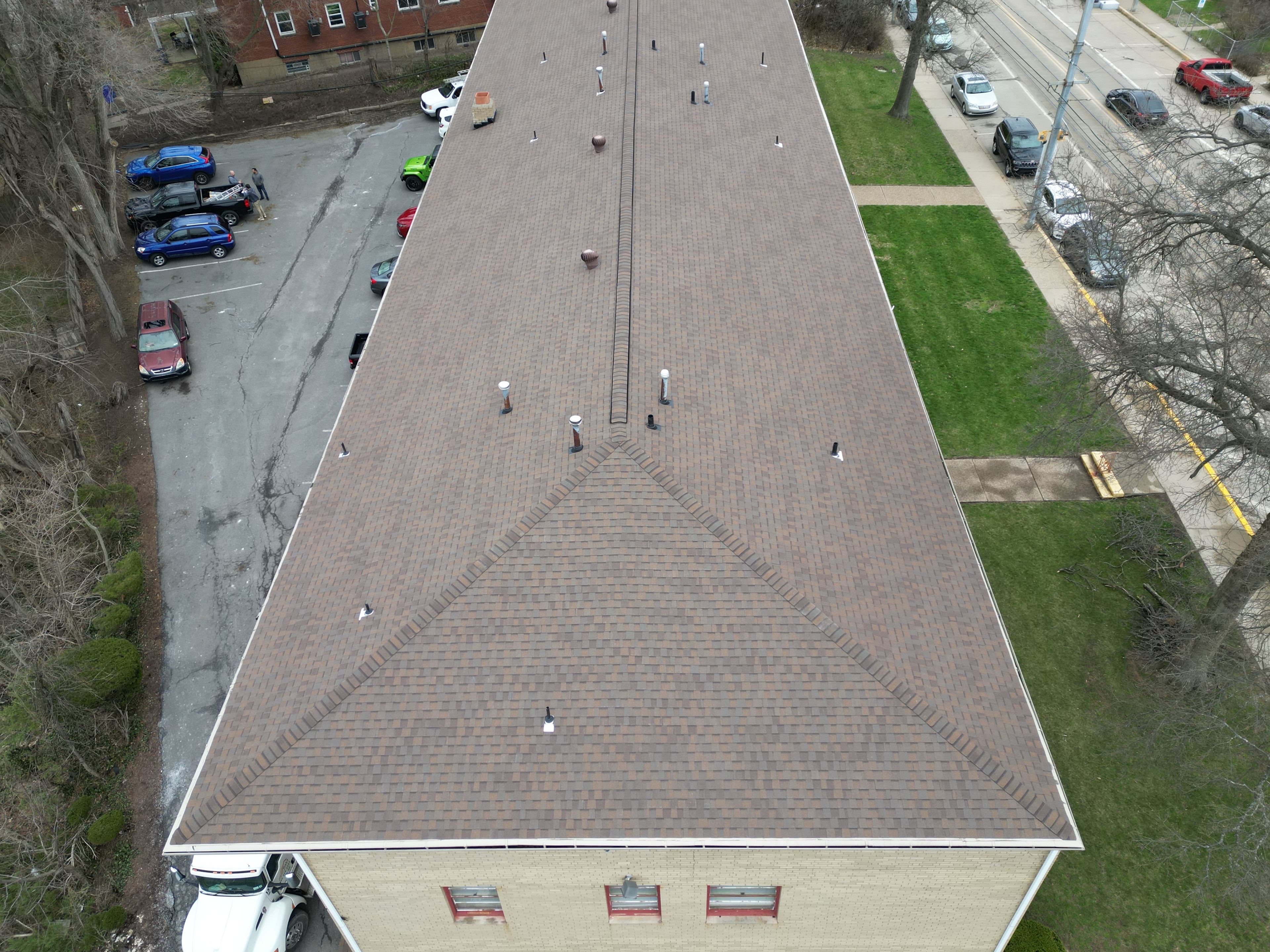 Wide aerial view of finished roof replacement Pittsburgh