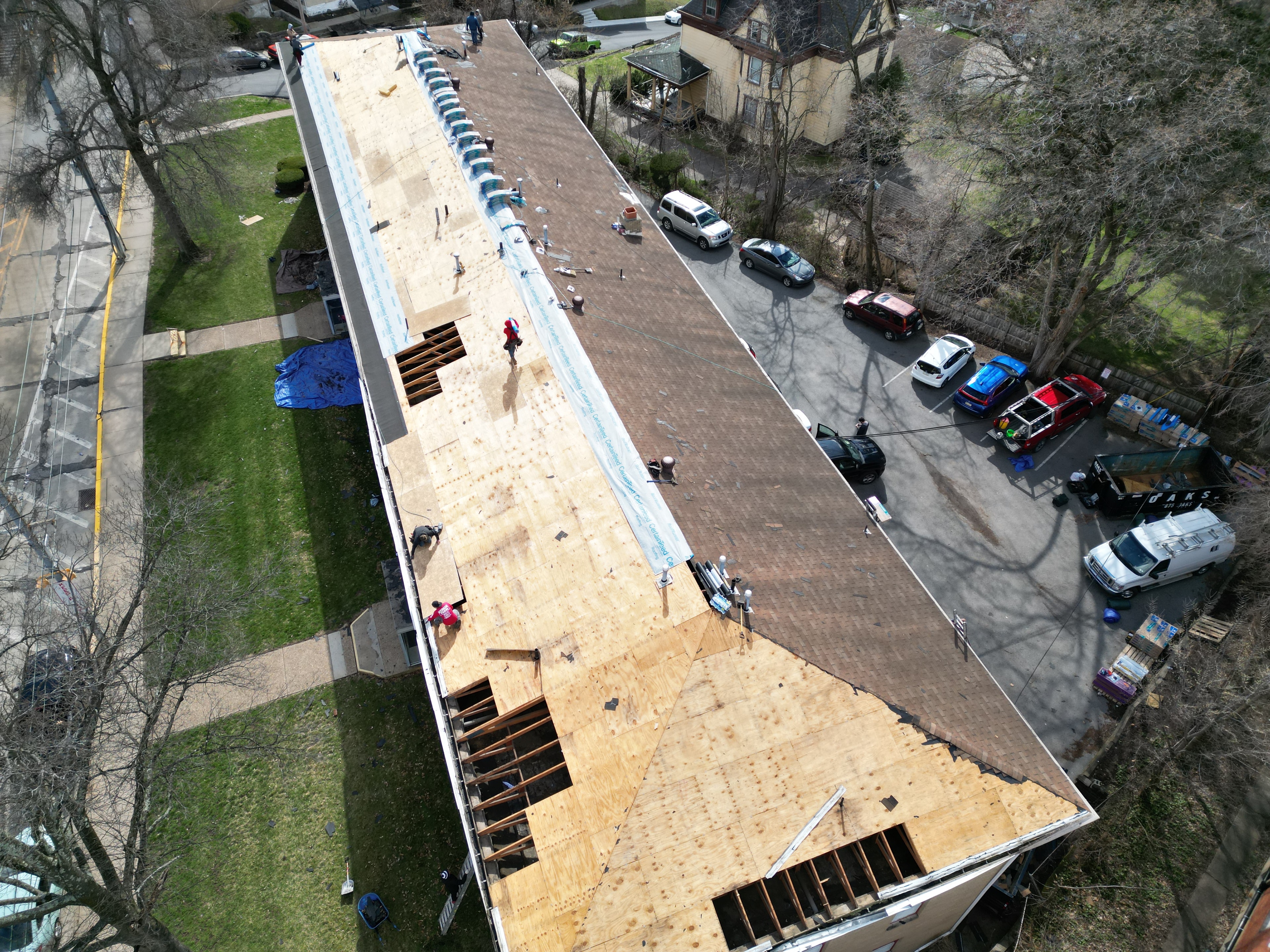 Aerial view showing extent of plywood deck replacement