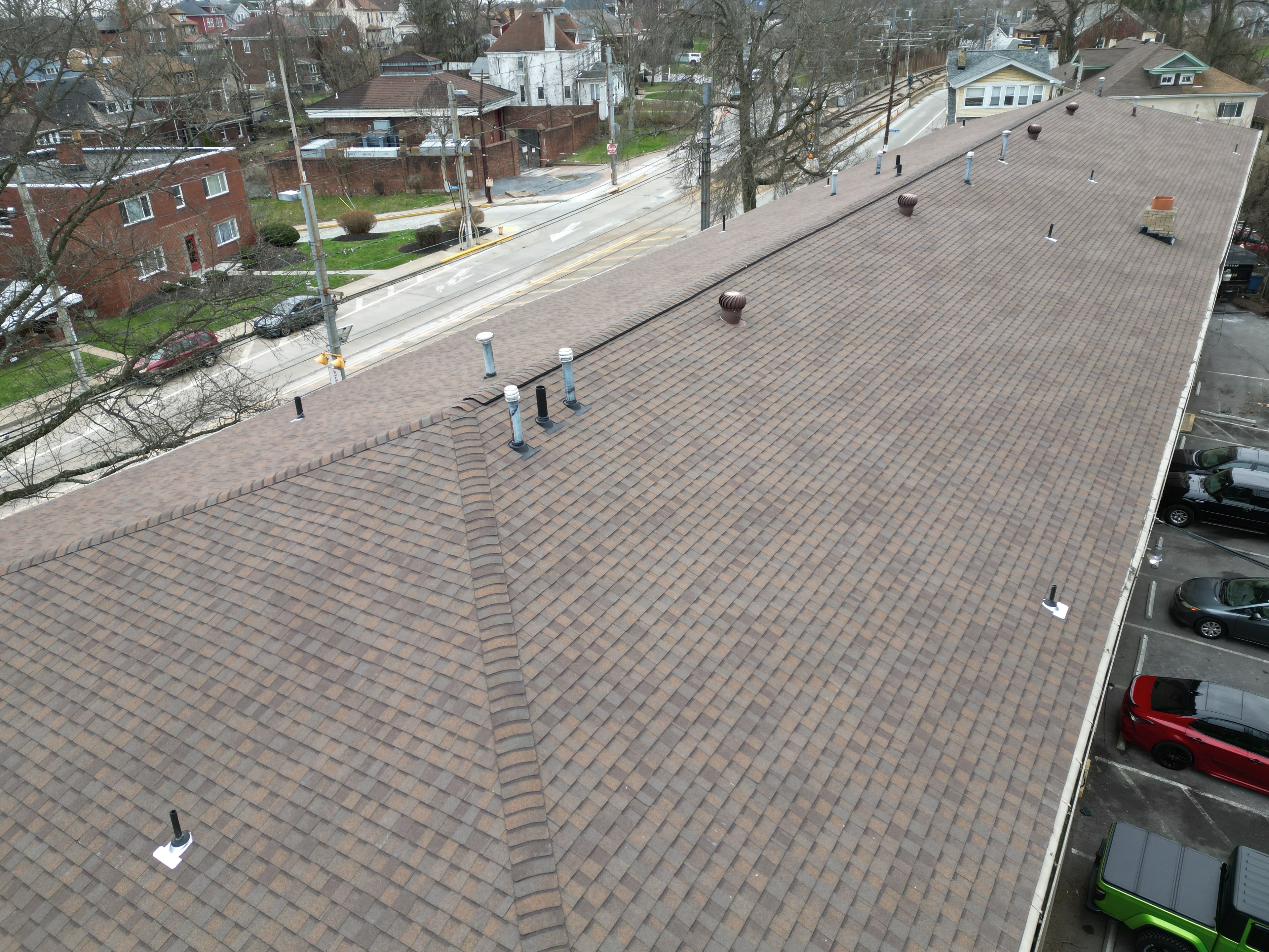 Aerial view of completed Certainteed Landmark architectural shingle roof