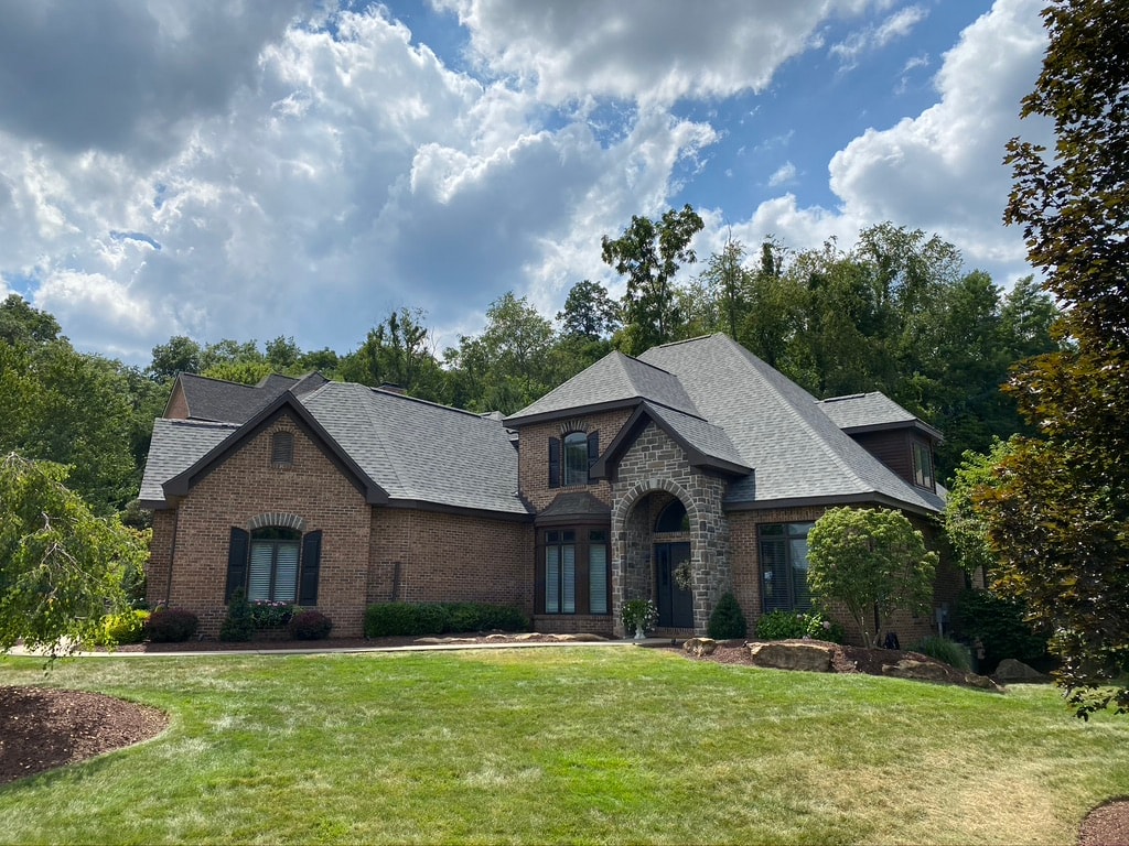 Completed Owens Corning Duration Estate Grey roof on luxury Pittsburgh brick home